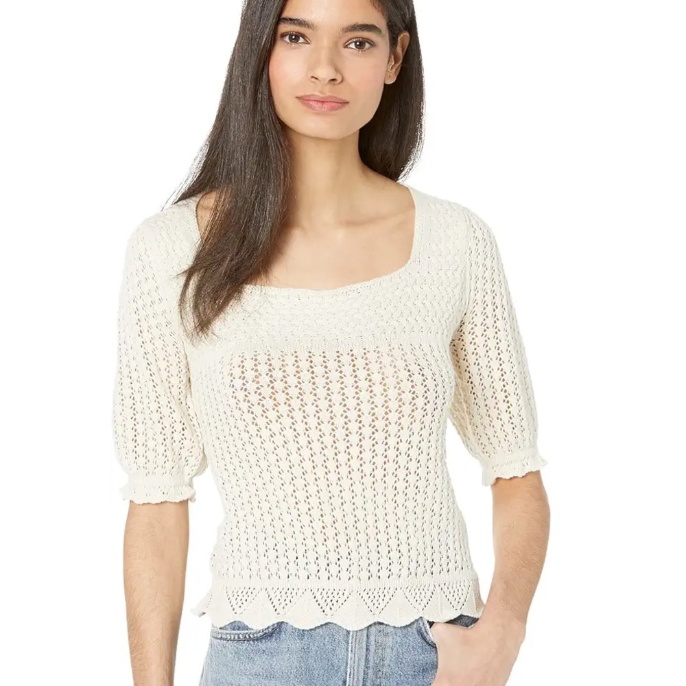 saltwater LUXE Cream Knit Square Neck Puff Sleeve Sweater Top - Picture 3 of 16
